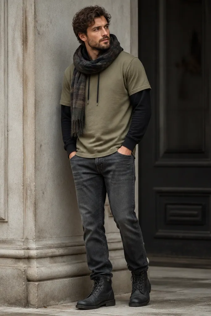 A man wearing an olive tee, a black hoodie layered underneath a loose flannel scarf wrapped around the neck. He has dark grey jeans and black work boots. The hoodie drawstrings hang down to mid-chest.