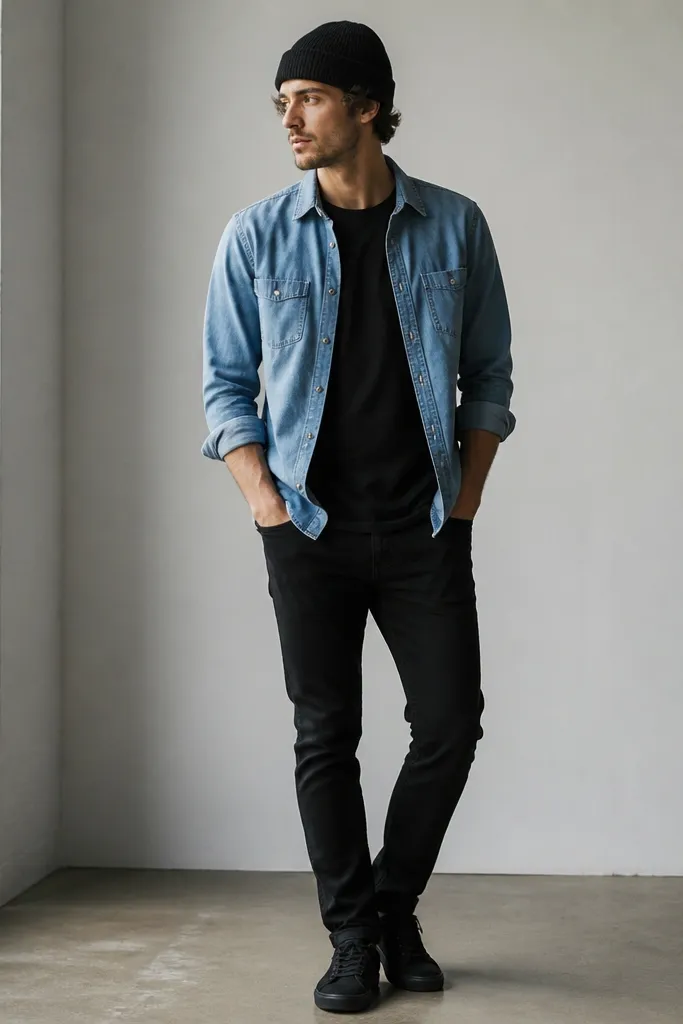 A man wearing a light blue denim button-up worn open over a black tee, a black knit beanie, black jeans, and black suede sneakers. The denim shirt sleeves are rolled twice and the shirt hem is slightly uneven.