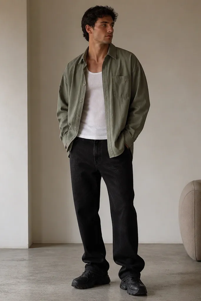 A man wearing a sage green overshirt worn open over a white tank, black jeans with a slightly longer, stacked hem near the shoes, and black chunky sneakers. The overshirt has a dropped shoulder seam and a slightly wrinkled finish.