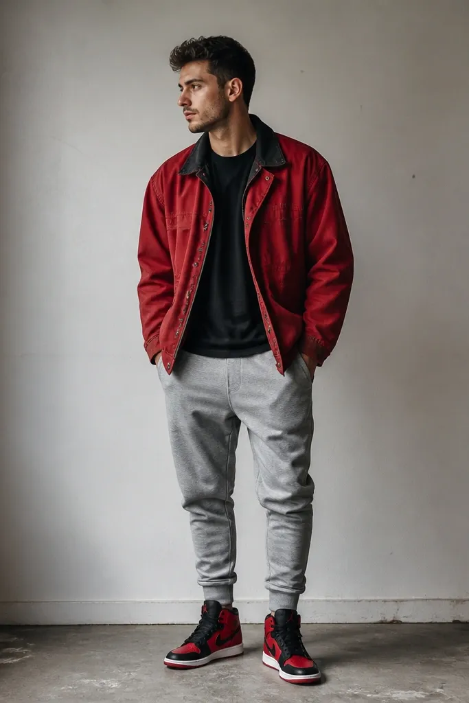 A man wearing a black tee, a red workwear jacket with black collar lining worn open, grey joggers tapering at the ankle, and black-and-red high-top sneakers. The jacket has metal snaps and a worn look on the cuffs.