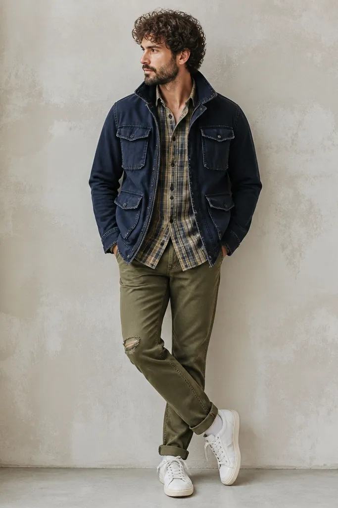 A man in a navy cargo jacket worn open over a plaid shirt tail sticking out slightly at the waist, olive jeans with a worn knee, and white sneakers. The jacket has multiple pockets and slightly frayed seams.
