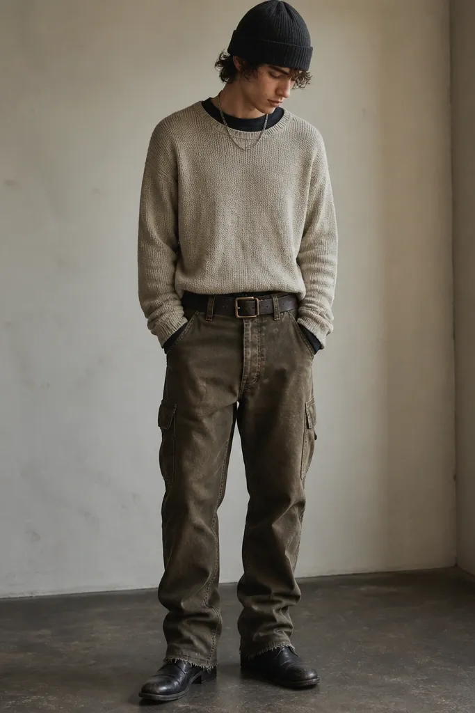 A grunge outfit photo: a faded oatmeal knit sweater with stretched cuffs sits over a black thermal. The waist has a wide brown leather work belt with a square brass buckle and a few worn holes. The pants are relaxed carpenter style in olive-brown, with big side pockets and frayed hems. On the feet are scuffed black leather boots, and the look finishes with a thin silver chain and a knit beanie in charcoal.