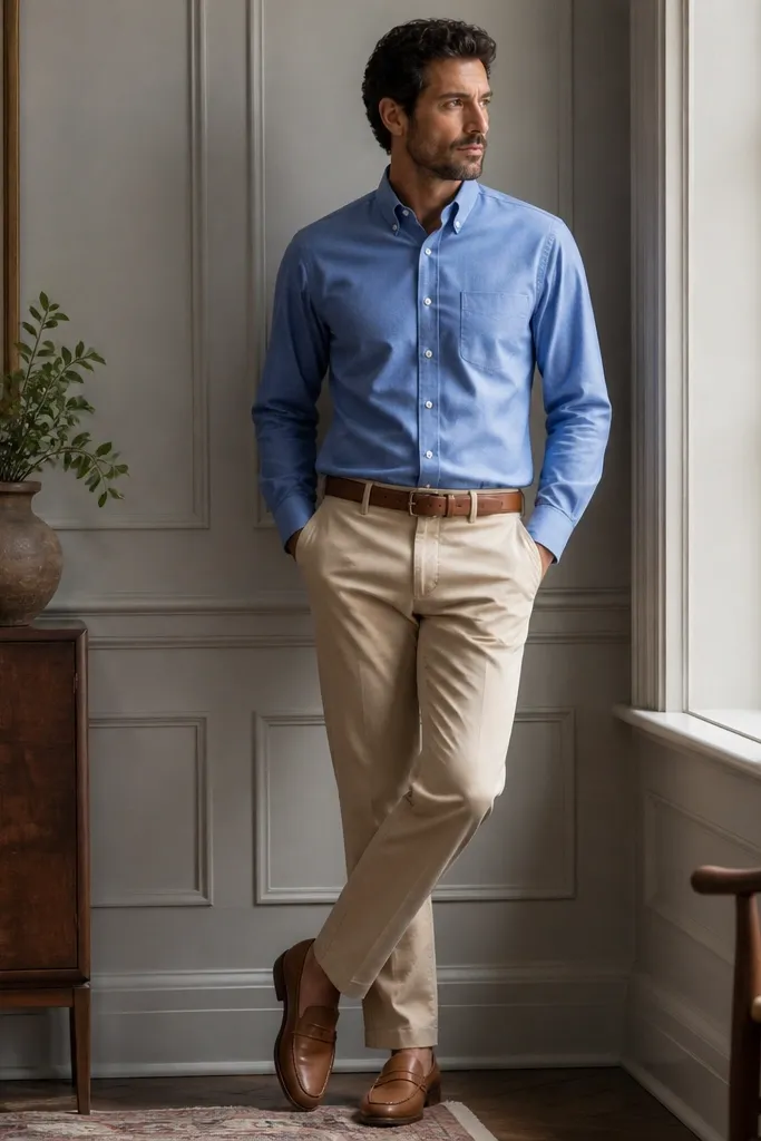 A man in a tucked mid-blue Oxford button-down, stone/tan chinos with a slight break, a cognac leather belt, and tan-brown leather loafers. The look is clean and minimal with no tie.