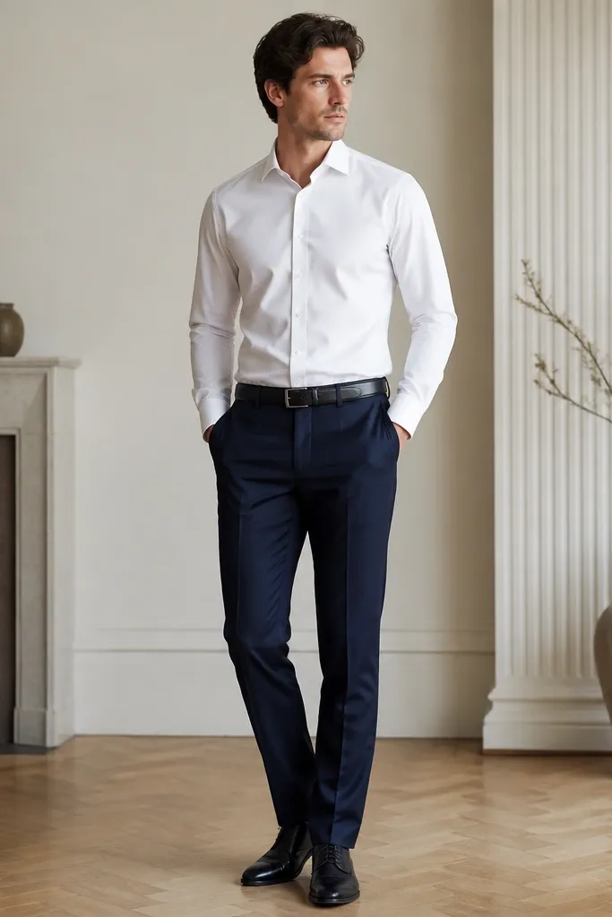 A crisp white poplin shirt tucked into navy straight-leg trousers with a black belt and black leather oxford shoes. The shirt has a firm collar and no tie.