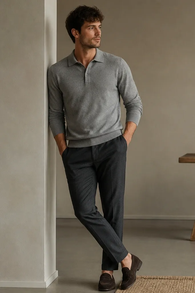 A grey knit polo worn untied at the bottom with a clean collar line, paired with charcoal chinos and dark brown suede loafers. The outfit looks relaxed but still tidy.