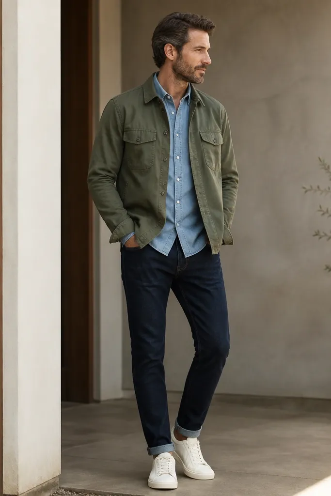 An olive overshirt layered over a light blue chambray shirt, with dark tapered jeans and white leather sneakers. The outfit looks layered and practical.