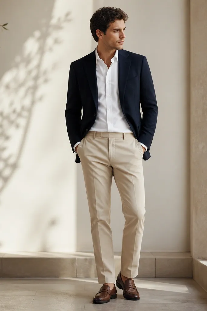 A navy blazer over a white dress shirt, tucked into beige chinos with brown leather loafers. The blazer has clean lapels and no tie.