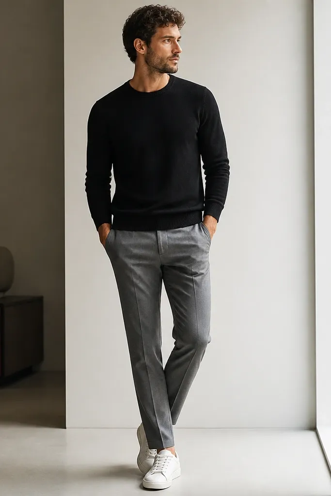 A black crewneck sweater worn over a clean shirt-less neckline, paired with grey trousers and white low-top leather sneakers. The outfit looks modern and tidy.
