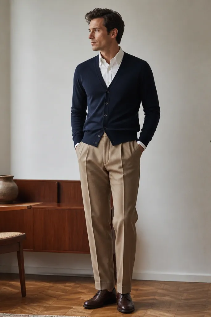 A white button-down under a navy cardigan, tucked into tan pleated trousers with dark leather shoes. The cardigan has a neat v-neck line.