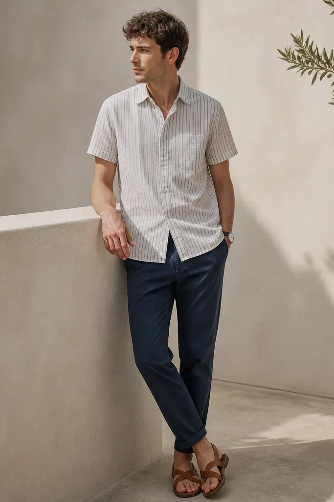 A striped short-sleeve button-down worn over navy chinos, paired with tan leather sandals. The outfit is neat and minimal with a clean watch.