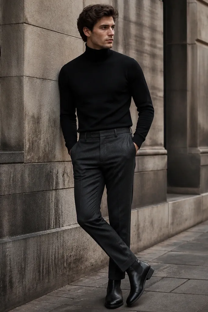 A black turtleneck sweater tucked into charcoal wool trousers with black Chelsea boots. The outfit is sleek and winter-ready.
