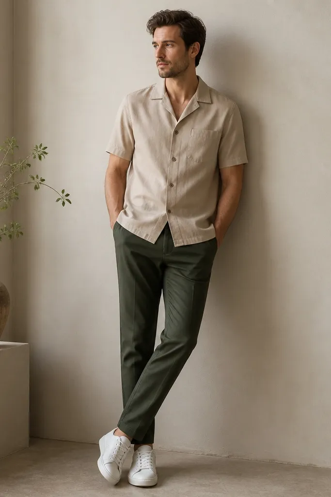 A beige camp collar shirt with the collar open and structured, paired with dark green chinos and white leather sneakers. The outfit looks relaxed and tidy.