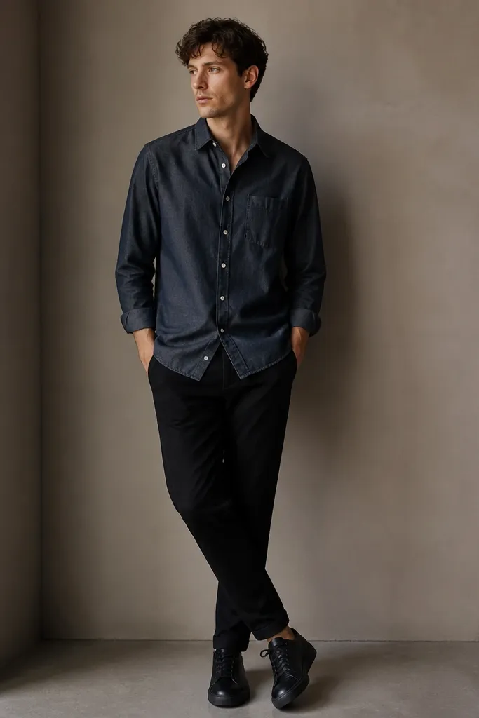 A navy chambray button-up untucked slightly, worn with black chinos and minimal black leather sneakers. The overall look is monochrome with texture.