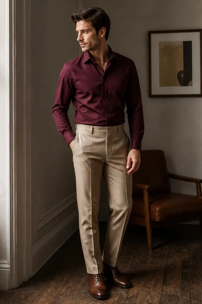 A burgundy button-down tucked into tan trousers with a brown leather oxford shoe. The shirt has a solid color, no loud pattern.