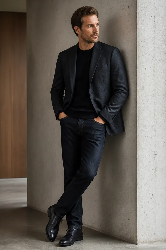 A charcoal blazer over a black crewneck, paired with dark indigo jeans and dark derby shoes. The outfit looks structured and business casual.