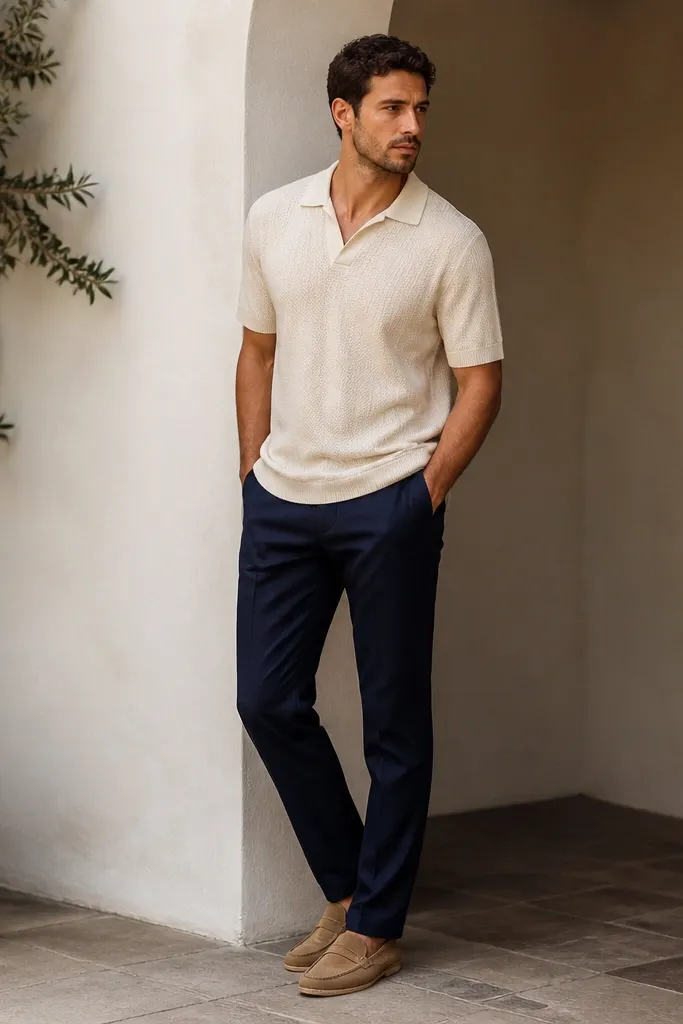 A cream knit shirt worn untucked slightly, paired with navy slacks and suede driving loafers in tan. The look is soft but polished.