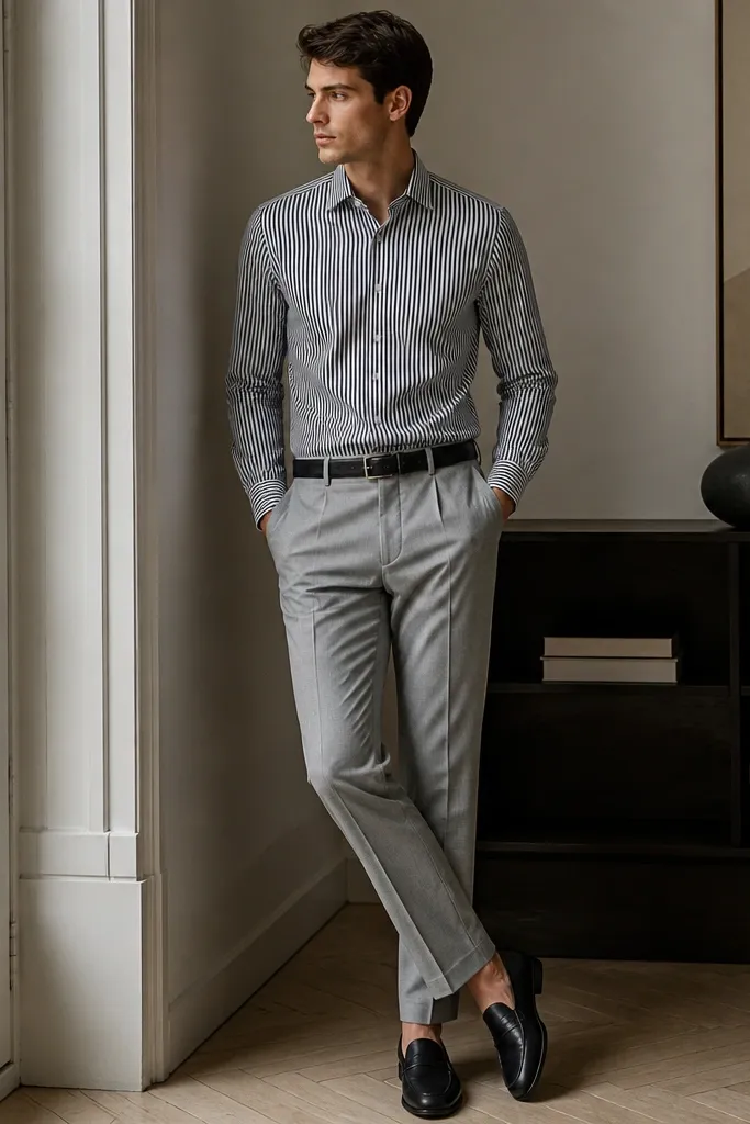 A black-and-white striped button-down tucked into light grey trousers with a black belt and black leather loafers. The stripes are narrow and neat.