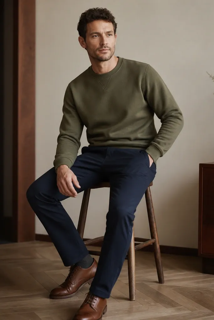 An olive crewneck sweatshirt paired with navy chinos and brown leather lace-up shoes. The sweatshirt looks thick, not thin.