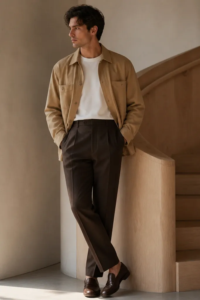 A tan overshirt over a white tee, tucked into dark brown pleated trousers with brown loafers. The outfit has a layered, structured look.