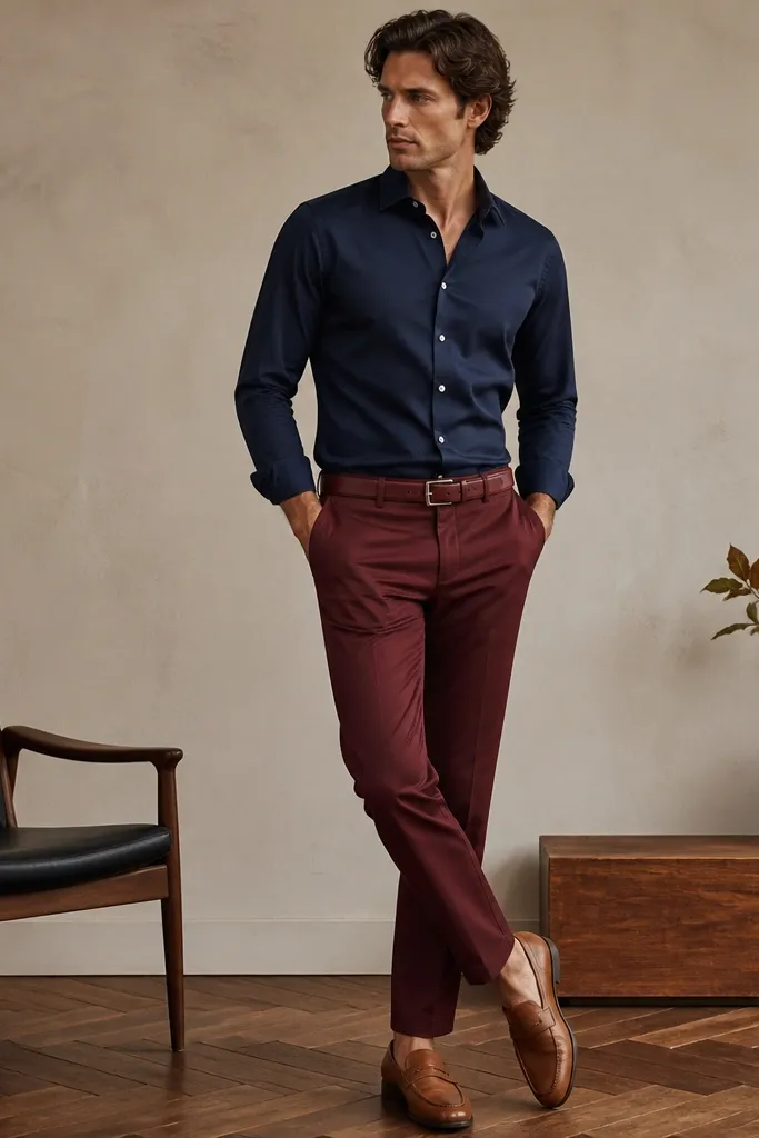 A navy poplin shirt tucked into burgundy chinos with a burgundy belt and tan loafers. The outfit uses two deep colors with warm shoes.