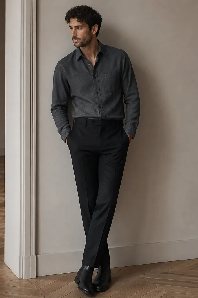 A grey flannel button-down tucked into black trousers with black Chelsea boots. The flannel looks soft and matte, not shiny.