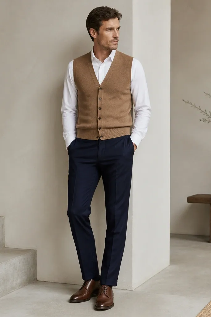 A white dress shirt under a tan knit vest, tucked into navy trousers with brown leather derby shoes. The vest has a neat V and clean buttons.