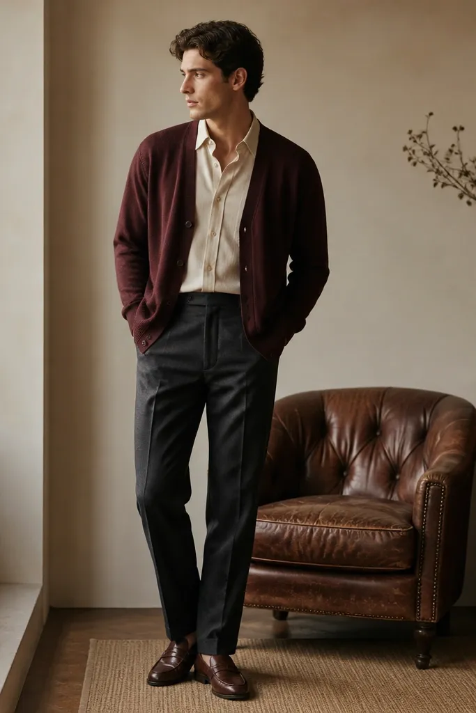 A burgundy cardigan over a cream button-down, tucked into dark grey trousers with brown loafers. The outfit has warm tones and soft texture.