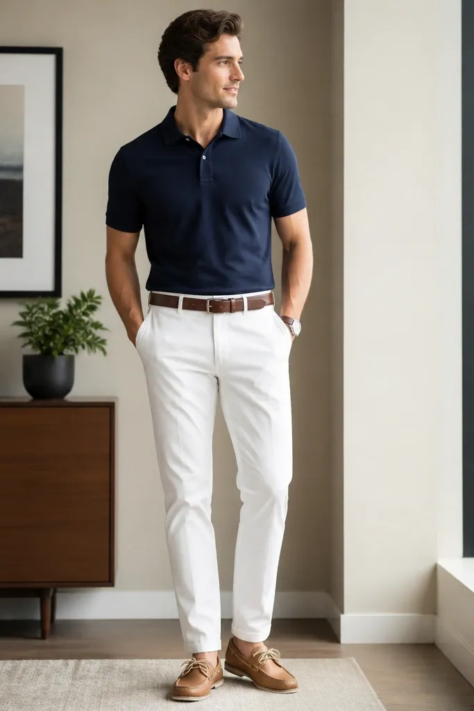 A navy polo with a clean collar worn with white chinos, a brown belt, and tan leather boat shoes. The outfit looks summer-office ready.