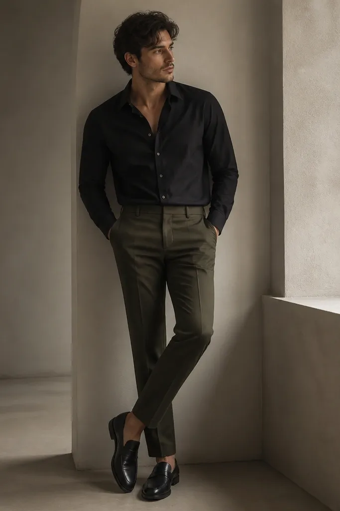 A black button-down tucked into olive trousers with black leather loafers. The look is dark, clean, and minimal with a matte finish.