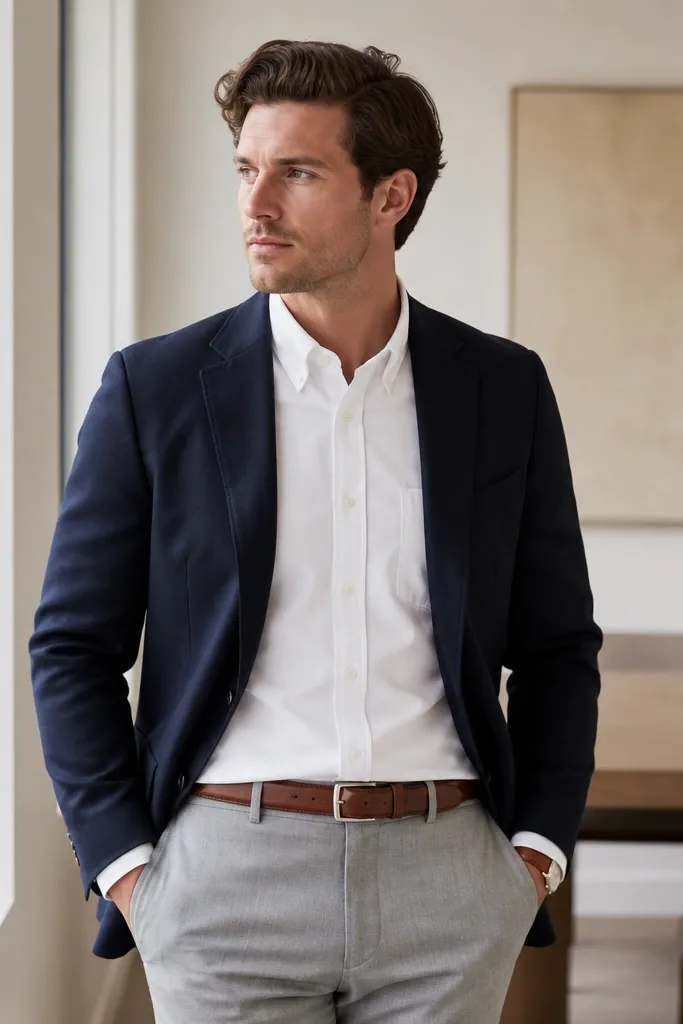 A navy blazer worn with light grey suit pants, a white Oxford button-down tucked in, and brown leather accessories. The outfit is meeting-ready without a full suit.