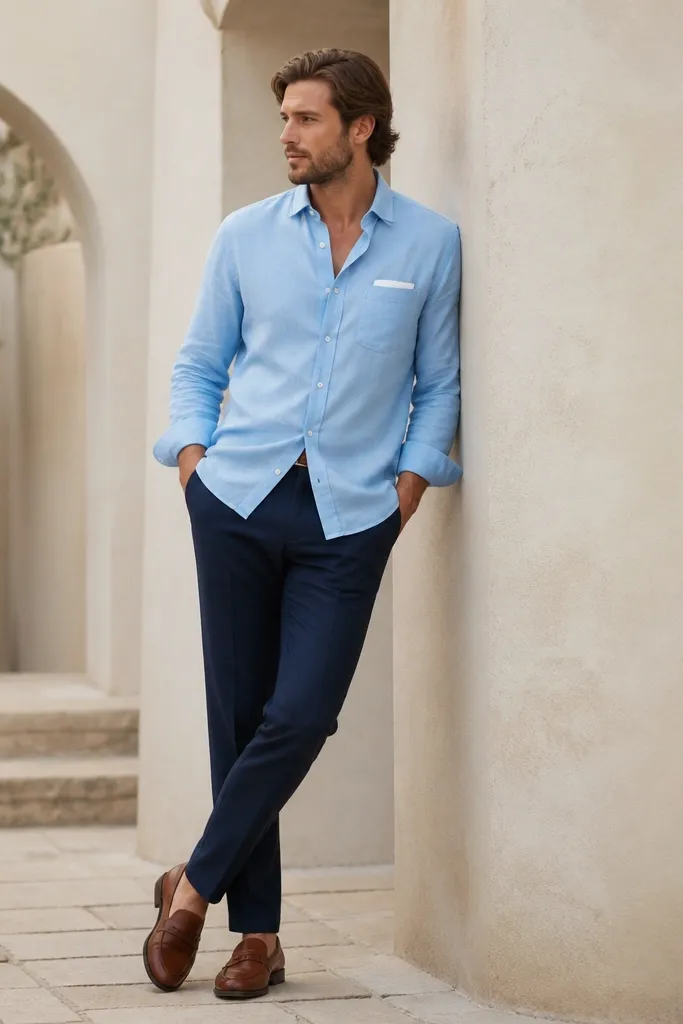 Sky blue shirt worn untucked but with clean drape, one or two buttons undone at the top. Navy tailored trousers and cognac leather loafers. A subtle brown leather belt and a folded white pocket square peek from the breast pocket.