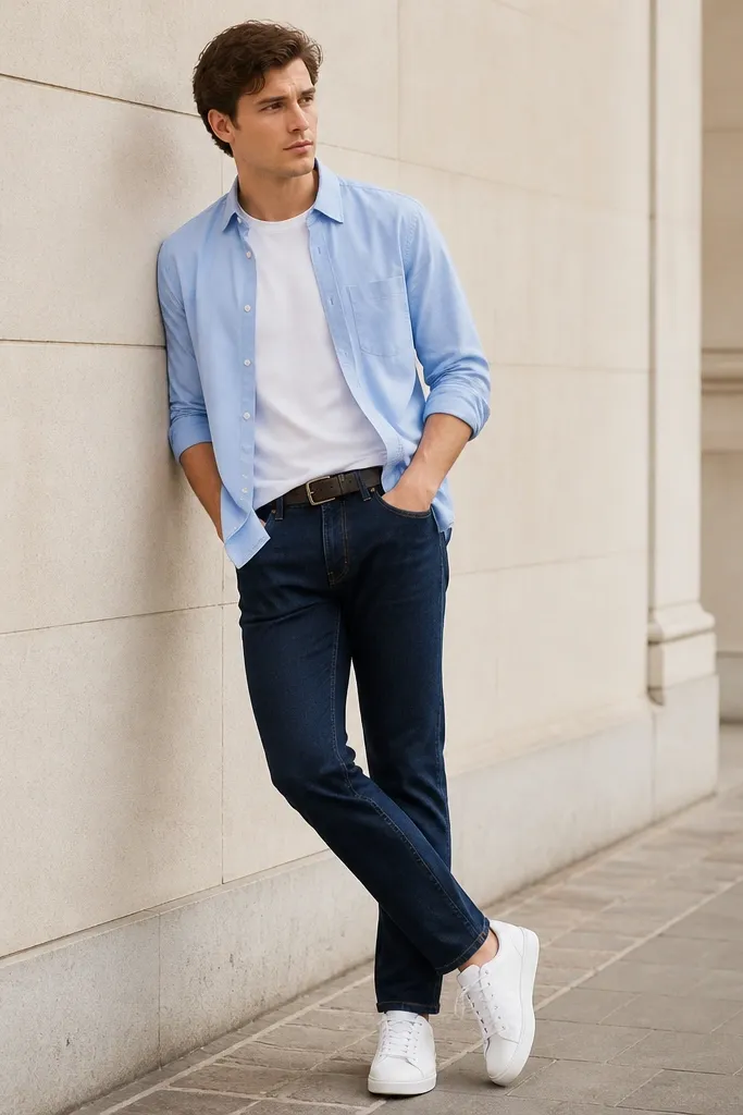 A sky blue shirt worn over a plain white crew-neck tee, sleeves rolled to mid-forearm. Dark indigo jeans with a belt, plus white sneakers. The shirt is slightly open at the bottom and drapes casually.
