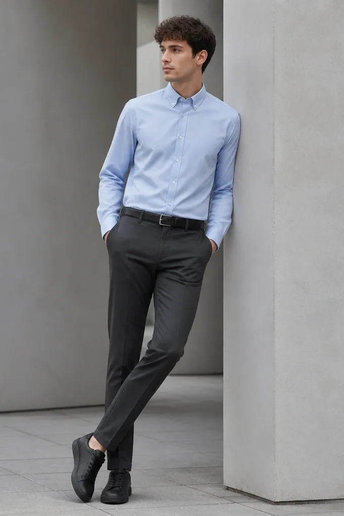 Sky blue shirt tucked into charcoal chinos, black sneakers with a low profile. The shirt is buttoned to the collar, no tie. A thin black belt matches the shoes.
