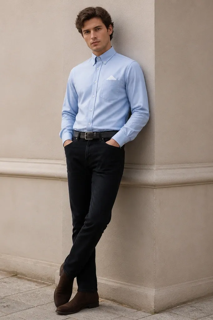 Sky blue shirt tucked into black jeans, collar buttoned, one white pocket square folded and visible. Black leather belt and dark brown suede boots. The shirt is slightly structured and clean.