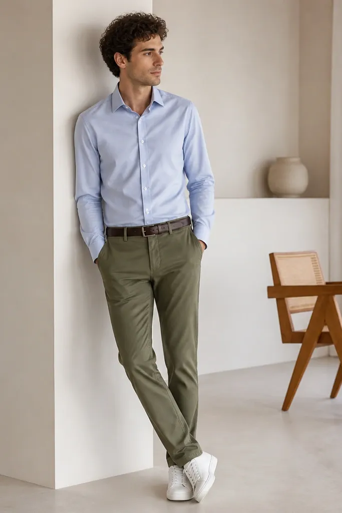 Sky blue shirt tucked into olive chinos, sleeves down. White low-top trainers and a simple dark brown belt. The shirt fabric looks matte, and the collar is pressed.