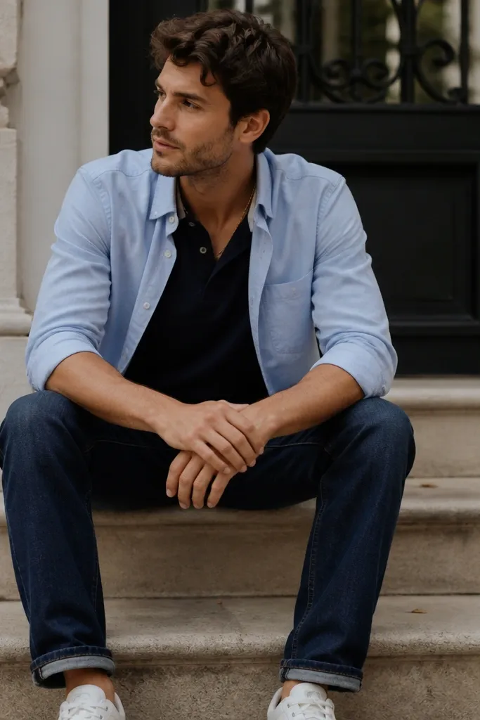 Sky blue shirt worn open over a navy polo. A thin gold chain is visible at the neckline. Dark jeans and white sneakers complete the look.