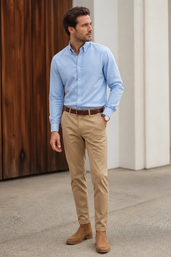 Sky blue shirt tucked into tan chinos. Tan suede chukka boots, brown belt, and a cream knit watch strap. The shirt is buttoned with sleeves down.