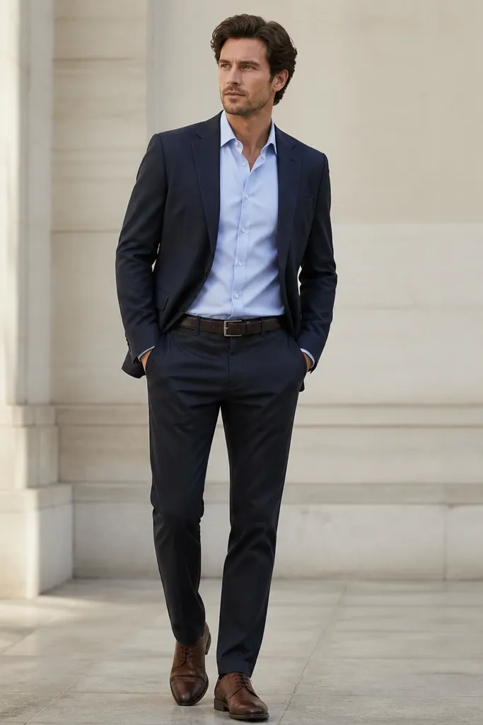 A sky blue shirt under a dark navy jacket worn open. The shirt collar shows clearly, with dark trousers and brown leather shoes. The shirt hem is tucked neatly.