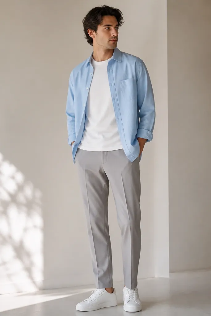 A sky blue shirt worn as an outer layer over a white tee. Another white button-up is not present; instead the sky blue shirt is open and the tee neckline is visible. The outfit includes light gray trousers and white sneakers.