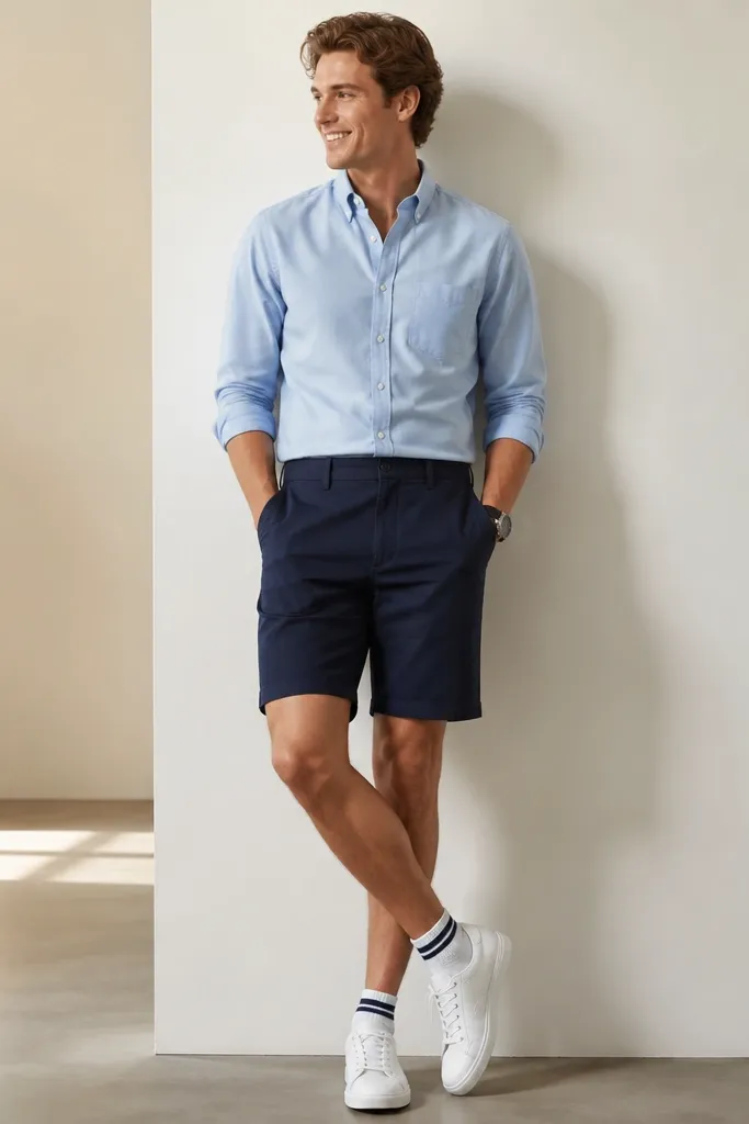 Sky blue shirt tucked into navy shorts. Sleeves rolled once. White sneakers with visible striped socks peeking above the shoe. A simple watch and no tie.