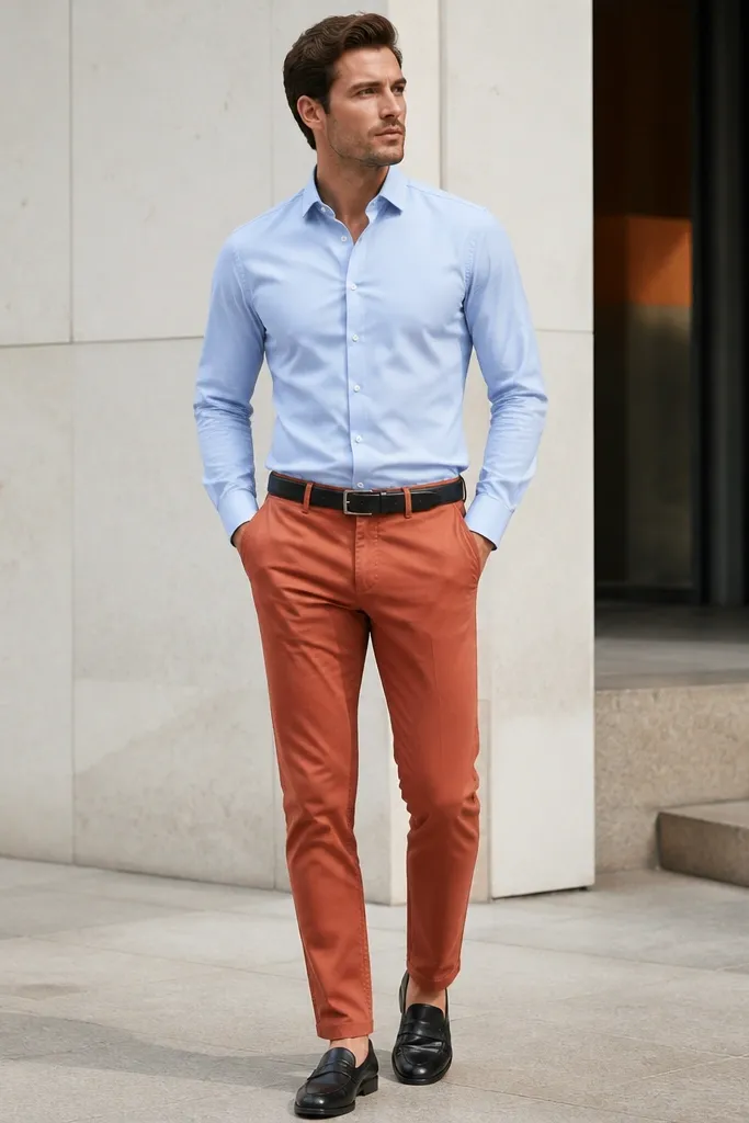 Sky blue shirt tucked into rust or terracotta chinos. Black belt and black leather loafers. The shirt is buttoned, collar pressed, with no tie.