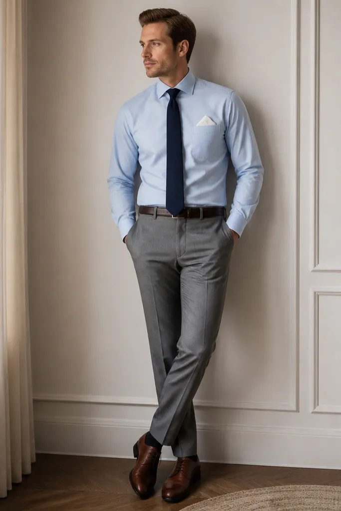 Sky blue shirt tucked into medium gray trousers. A slim navy tie and a simple white pocket square. Brown oxfords and a dark brown belt. Jacket is not visible.