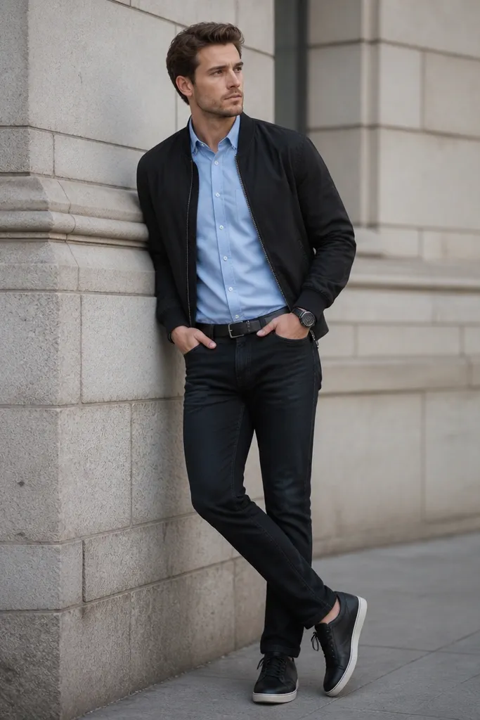 Sky blue shirt tucked into dark jeans, black bomber jacket worn open. Black sneakers and a dark watch. Shirt collar visible with a clean fold.