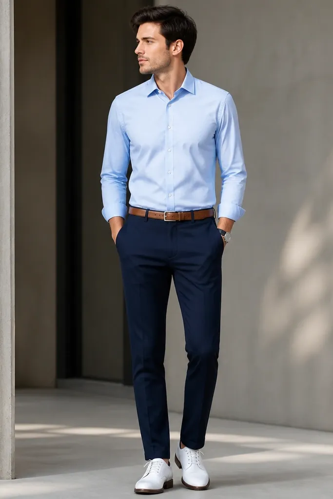 Sky blue shirt tucked into navy trousers. Light brown belt and white oxford shoes. A subtle watch and a clean, pressed shirt front.