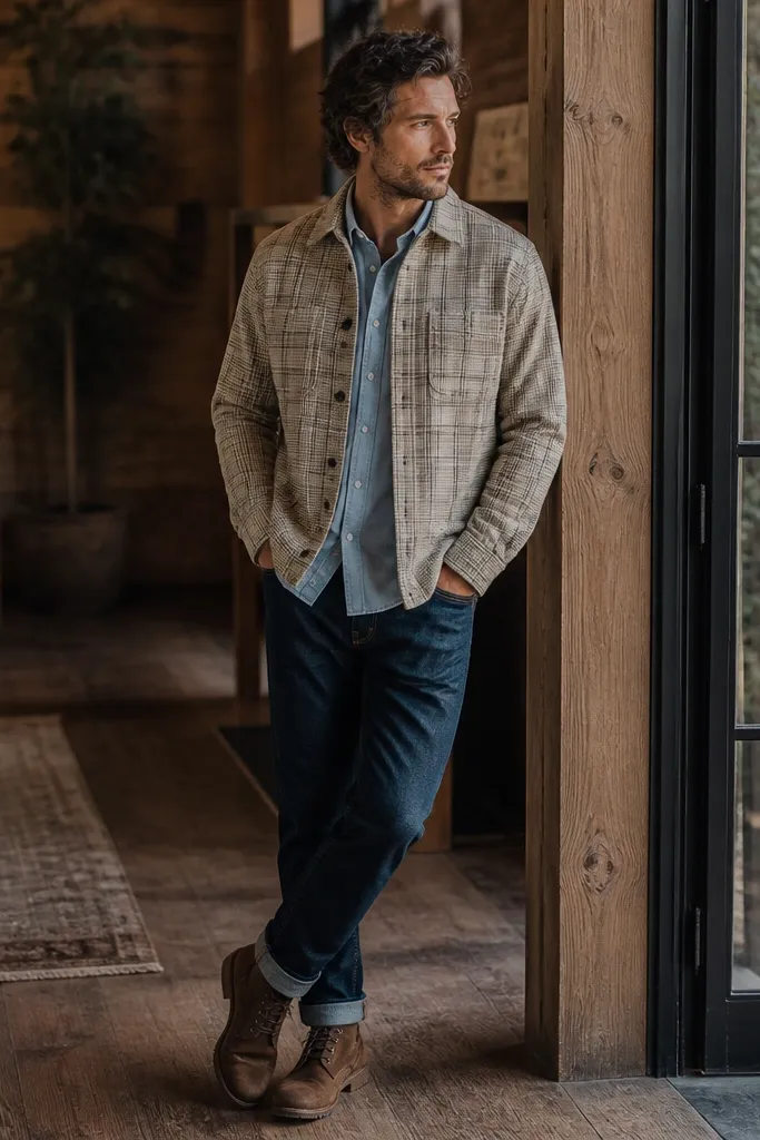 Sky blue shirt underneath a beige checked overshirt. The overshirt is buttoned halfway, with sleeves down. Dark jeans and brown leather boots complete the look.