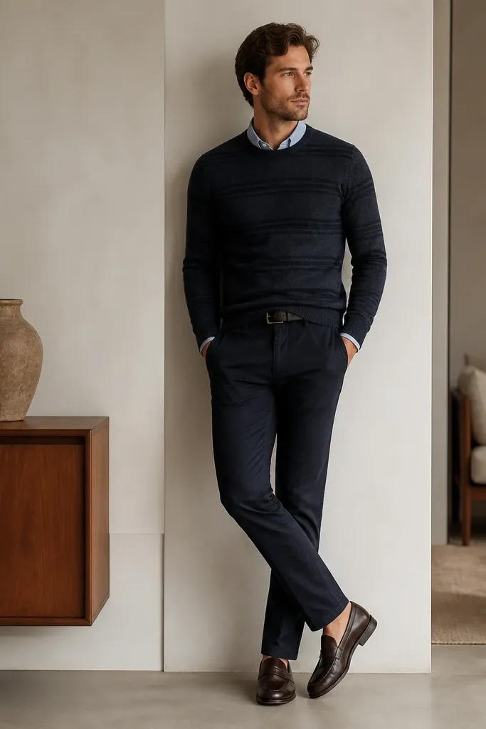 Sky blue shirt worn under a crewneck sweater with subtle horizontal stripes. The collar peeks out. Dark chinos and loafers, with a dark belt.