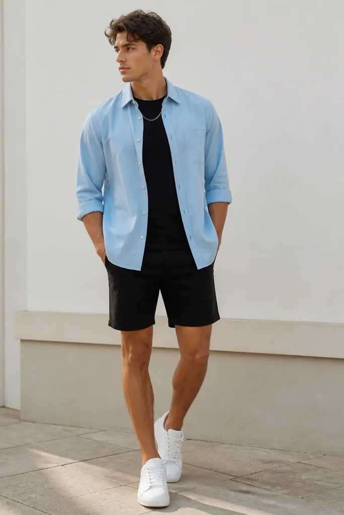 Sky blue shirt worn untucked over a black T-shirt base layer, with black shorts. White sneakers and a simple chain. Shirt sleeves rolled once.