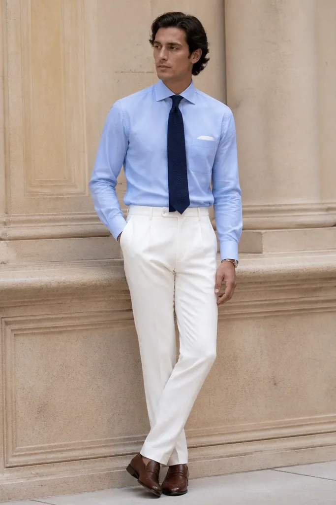 Sky blue shirt tucked into white trousers, navy knit tie, and brown leather shoes. The knit tie looks slightly textured. Pocket square is white and minimal.