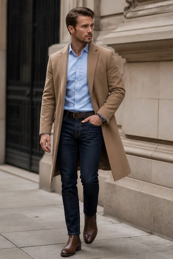 Sky blue shirt tucked into dark indigo jeans. A camel overcoat worn open. Brown leather boots and a dark watch. The shirt collar is visible under the coat.