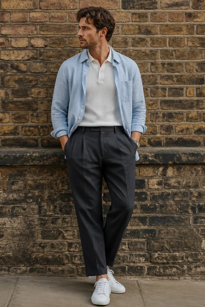 A man standing in front of a brick wall wearing a sky blue button-up shirt open over a white knit polo. The shirt is half-tucked, with the front hem slightly shorter than the back. He wears charcoal pleated trousers with a clean break at the ankle and a thin black leather watch strap visible. On his feet are white leather sneakers with a low profile. The photo shows the polo collar sitting neatly under the shirt collar and the pleats creating soft folds in the trousers.